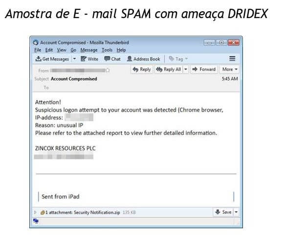 Amostra de email Spam com ameaca Dridex