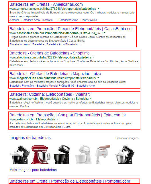 Resultado de busca do Google para “batedeiras”: todos os resultados são ocupados por marketplaces.