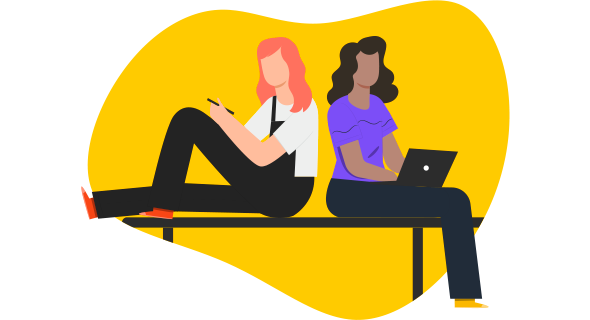 Desenho de duas mulheres sentadas, uma de costa para a outra, mexendo no celular e no computador.